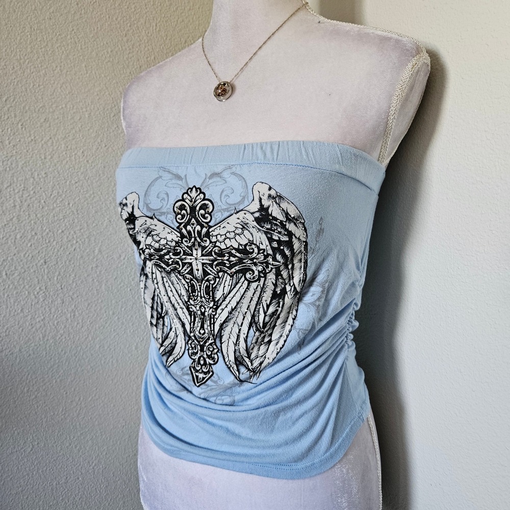 Y2K Light Blue Angel Wings Cross Graphic Tube Top Ruched